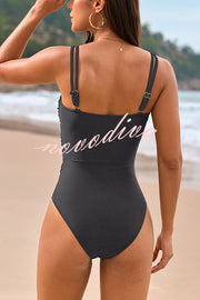 Fashionable Color-blocked Metal Button Stretch One-piece Swimsuit