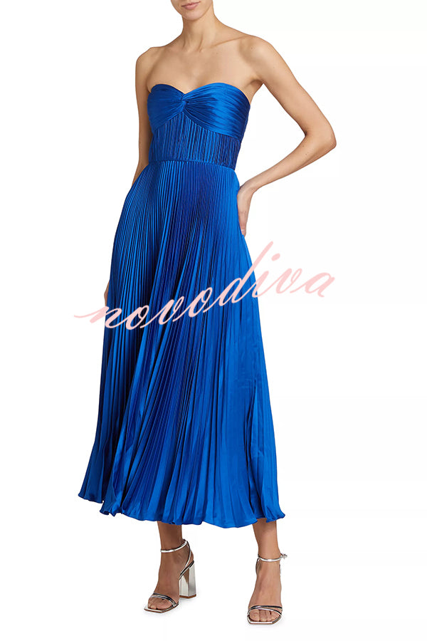Love Note Satin Sweetheart Twist Off Shoulder Pleated Maxi Dress