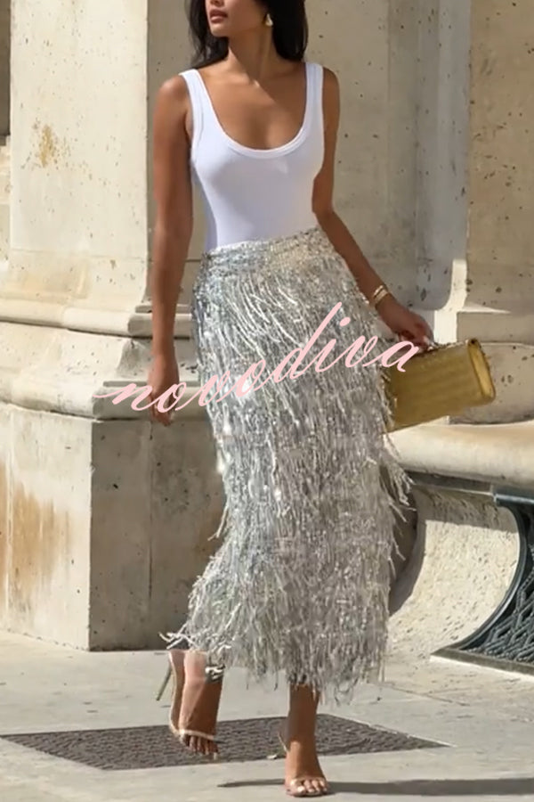 Evening Charm Layered Sequined Tassels High Rise Back Zipper Slit Midi Skirt
