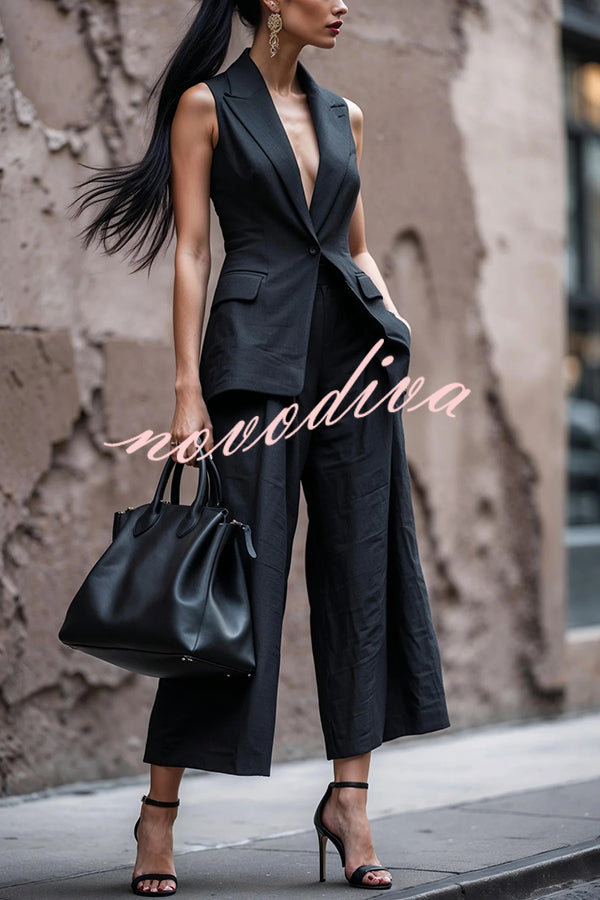 Fashion Sleeveless Lapel Suit Vest and Casual Pocket Straight Pants Set