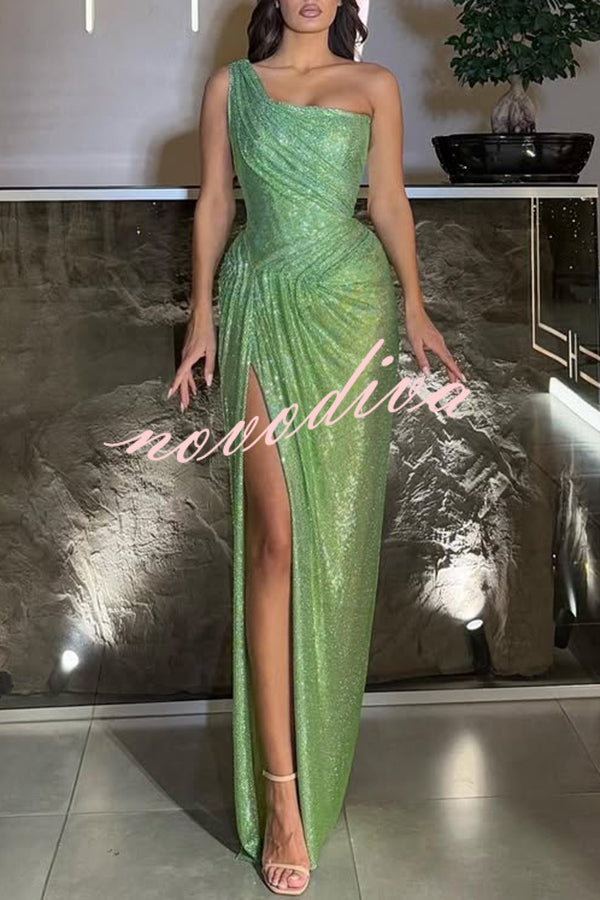 Elisabeth Sequin Pleated Design One Shoulder Slit Drape Gown Maxi Dress
