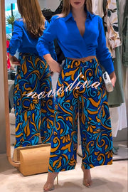Ocean Heart Linen Blend Printed Ruched Hem Blouse and Belted High Rise Pocket Loose Pants Set