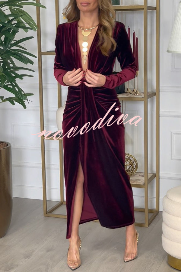 Creating Romance Velvet Ruched Drape Long Sleeve Stretch Maxi Dress