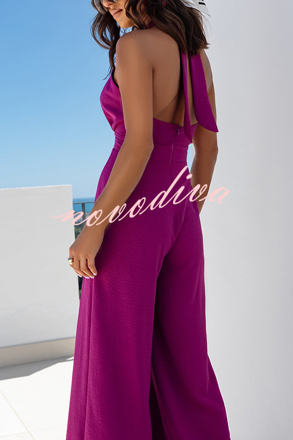 Easy Mode Cross-neck Halter Strap Backless Wide Leg Jumpsuit