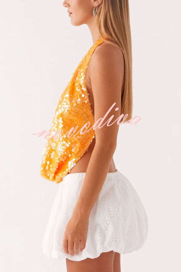 Mermaid Princess Sequins Cowl Neck Halter Backless Top