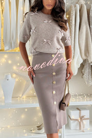 Light The Night Knit Satin Bow Detail Short Puff Sleeve Sweater