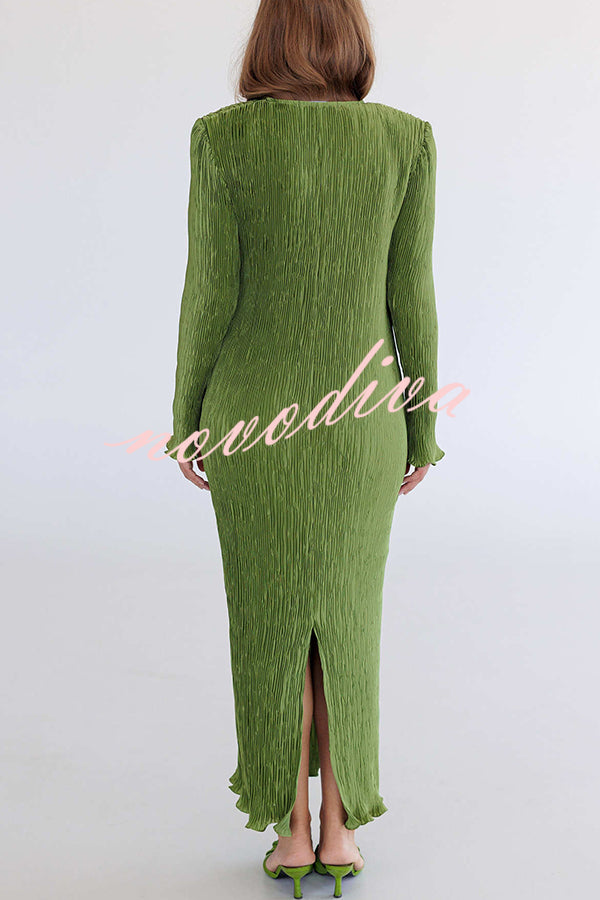 Hansin Satin Pleated Fabric Long Sleeve Wavy Trim H-line Slit Midi Dress