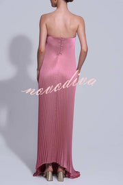 Darling Moment Satin Fabric Off Shoulder V-neck Asymmetric Hem A-line Maxi Dress