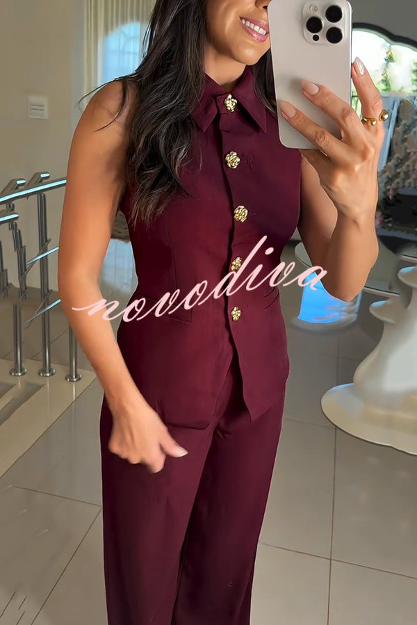 Fashion Lapel Sleeveless Button Vest and Casual Straight-leg Suit Pants Set