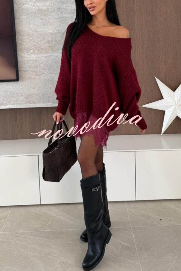 Comfy and Sweet Knit Lace Patchwork Hem Wide Neck Long Sleeve Loose Sweater