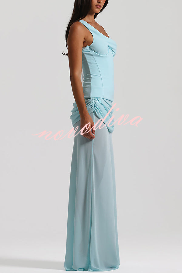 Sculptural Elegance One Shoulder Removable Corset Drape Maxi Dress