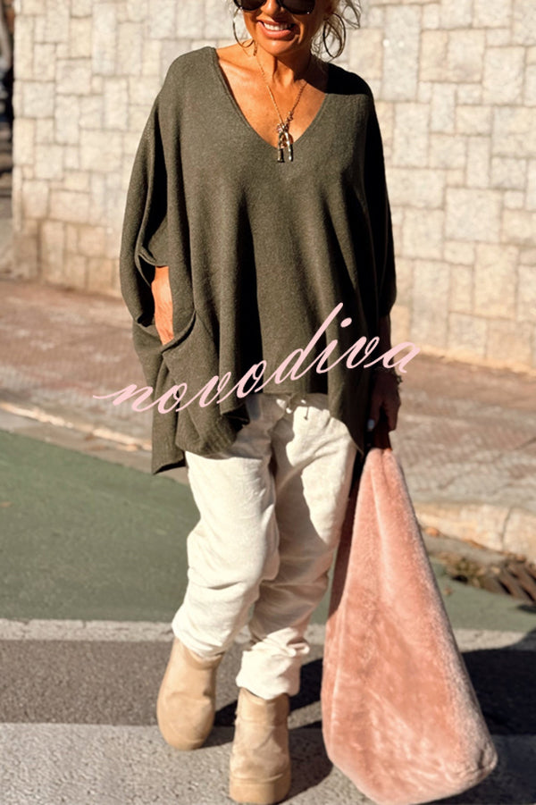 Fashion V-neck Loose Pocket Mid-length Knitted Sweater
