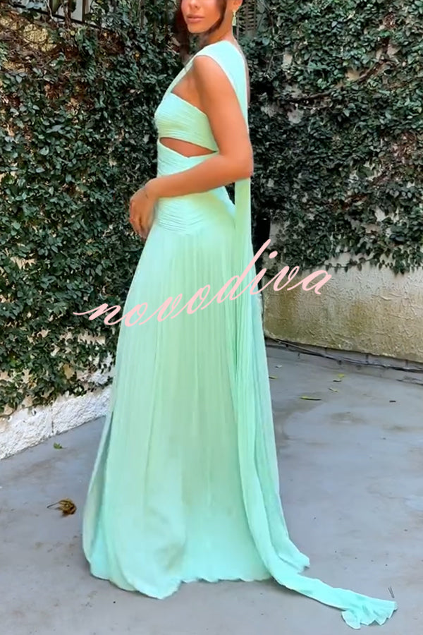 Forest Muse Chiffon Pleated Off Shoulder Cutout Waist Cape Maxi Dress