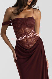 Sexy See-Through Lace Suspender Slim Slit Maxi Dress