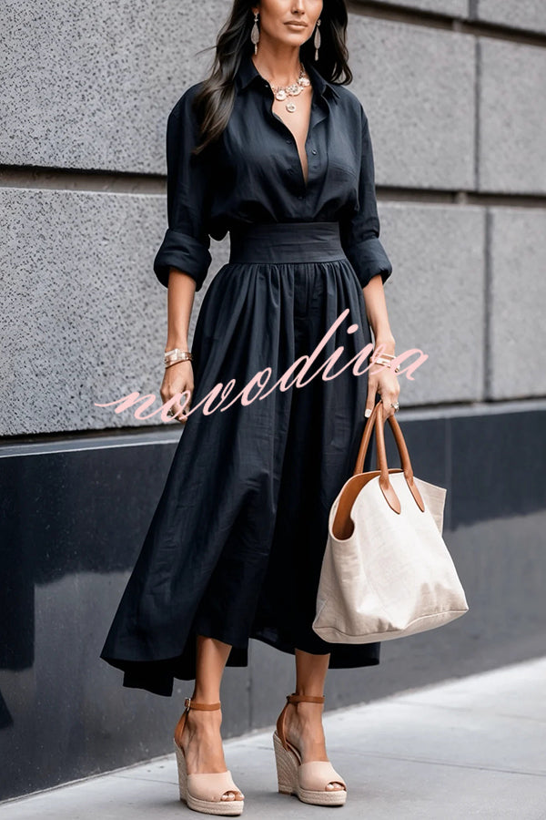 Solid Color Lapel Long Sleeve Casual Waist Midi Dress