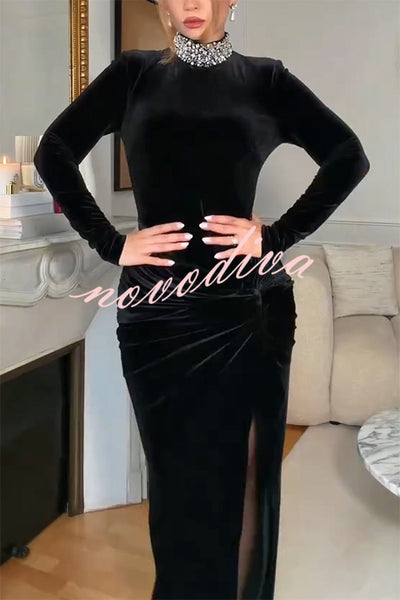 Love Lost Velvet Embellished High Neck Long Sleeve Twist Slit Maxi Dress