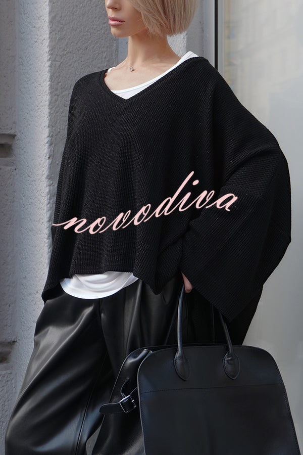 Warm Winter Ribbed Knit V-neck Batwing Sleeve Loose Relaxed Sweater