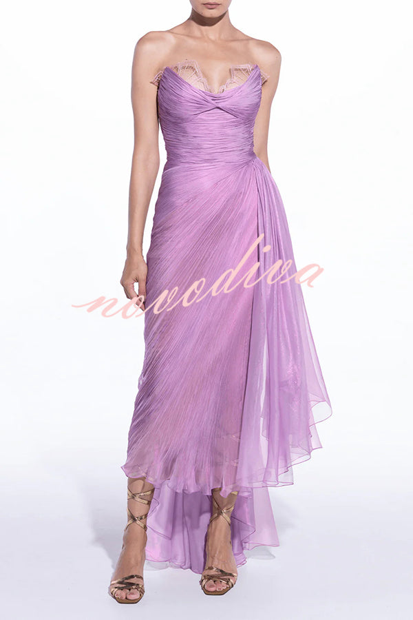Julie Tulle Lace Trim Off Shoulder Ruched Back Lace-up Drape Slit Maxi Dress