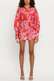 Linen Blend Botanical Print Lapel Puff Sleeve Loose Tie Casual Rompers