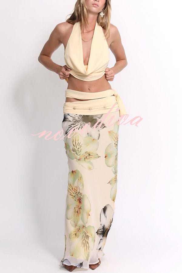 Beautiful Statement Cowl Neck Halter Tank and Floral Ruched Waist Slit Maxi Skirt Set