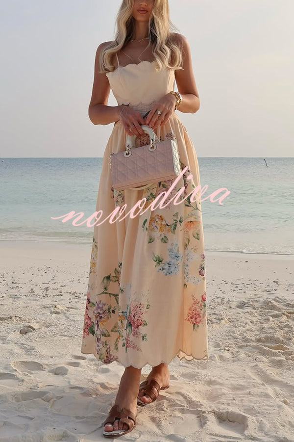 Cabo Sunsets Floral Print Petal Trim Back Lace-up Midi Dress