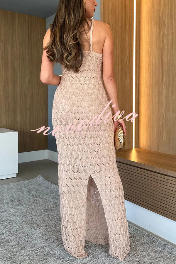 Solid Color Knitted Open Back Slim Slit Maxi Dress