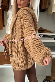 Warm Day Knit Button Up Long Balloon Sleeve Hooded Loose Cardigan