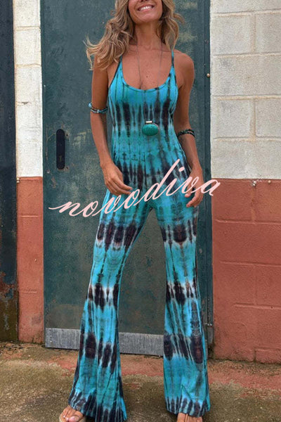 Exclusive Style Tie-dye Print Backless Tie-up Stretch Flared Jumpsuit