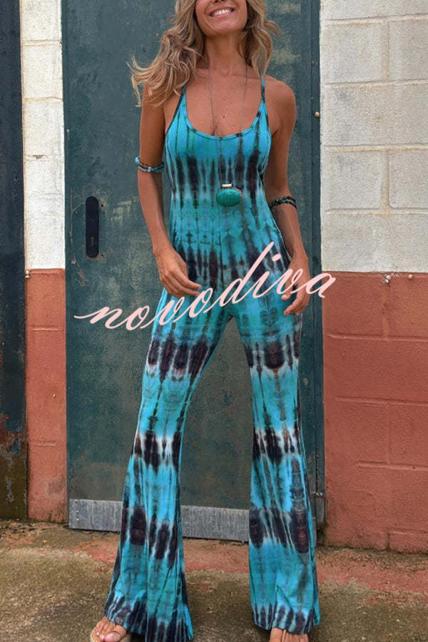 Exclusive Style Tie-dye Print Backless Tie-up Stretch Flared Jumpsuit