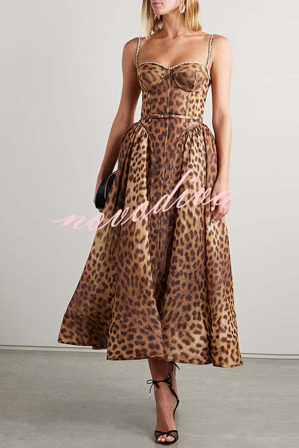 Unleash Your Wild Leopard Rhinestone Trim Back Smocked Midi Dress