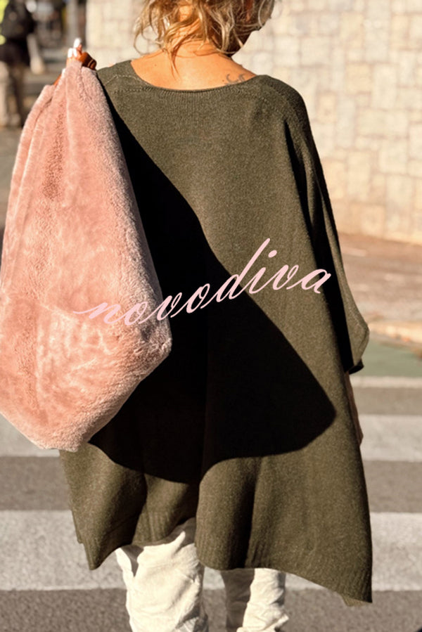 Fashion V-neck Loose Pocket Mid-length Knitted Sweater