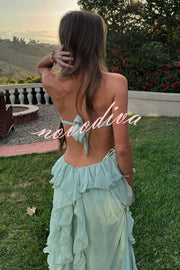 Gorgeous Vacation Halter Rose Detail Cut Out Ruffles Backless Maxi Dress
