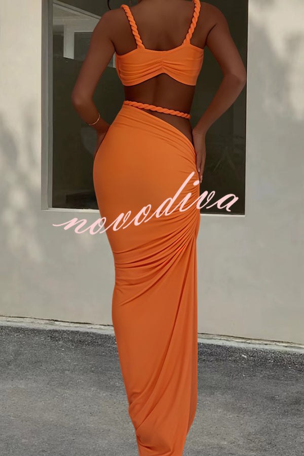 Sexy Halter Back Braided Suspender Top and Beach Holiday Style Hip-wrapped Maxi Skirt Set