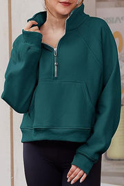 Stylish Patchwork Stand Collar Zippered Loose Pocket Sweatshirt