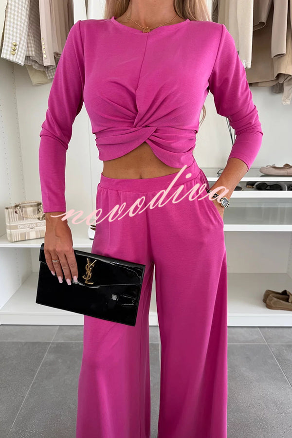 Solid Color Round Neck Long Sleeve Twist Crop Top and Elastic Waist Pocket Wide Leg Pants Set