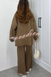 Solid Color Loose Long-sleeved Knit Top and Elastic Waist Casual Straight Leg Pants Set