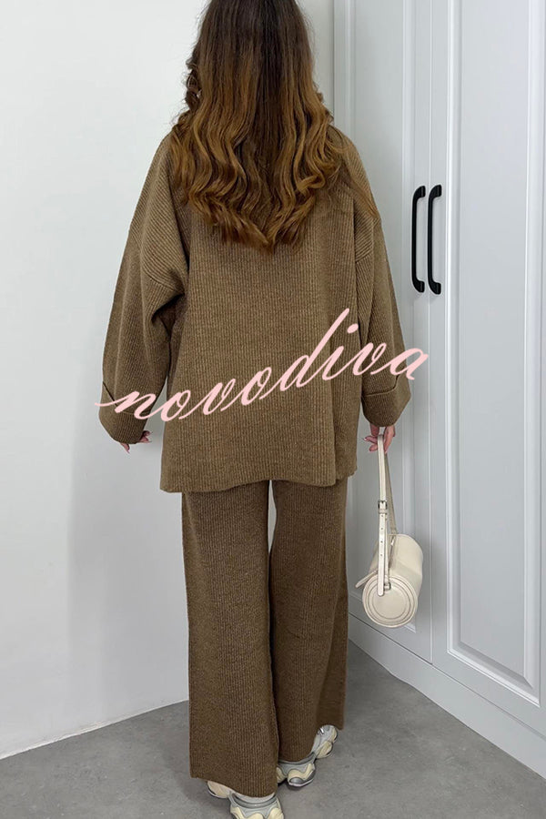 Solid Color Loose Long-sleeved Knit Top and Elastic Waist Casual Straight Leg Pants Set