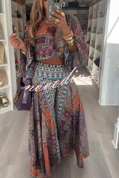 Unique Boho Ethnic Print Balloon Sleeve Crop Top and Elastic Waist Wide-leg Pants Set