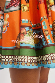 Linen Blend Unique Print Suspender Tie Casual Mini Dress