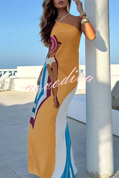 Sun and Sea Unique Print Side Button Rope Halter A-line Maxi Dress