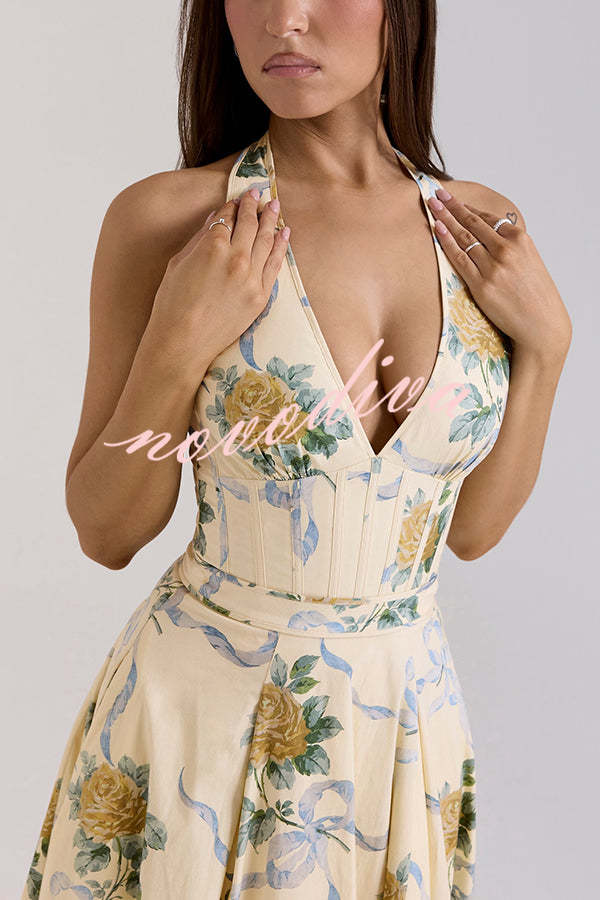Resort Star Floral Print Waist Halterneck Tie Pocket Midi Dress