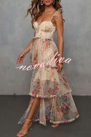 Romantic and Elegant Mesh Floral Back Smocked Tiered Ruffle Maxi Dress