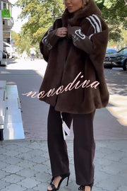 Fashion Sports Stripe Print and Ribbed Embroidered Long Sleeve Zipper Pocket Hooded Plush Coat