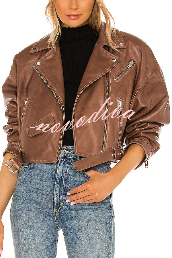 Fashion Lapel Long Sleeve Casual Zipper Pocket Leather Jacket
