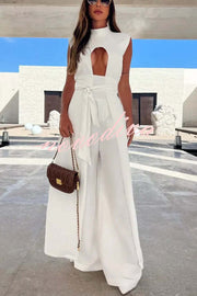 Keane Front Cutout High Neck Midi Top and Tie-up Pocketed Wide Leg Pants Set