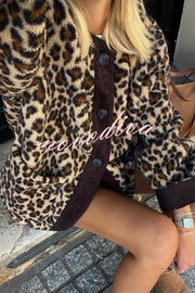 Warm Feel Colorblock Leopard Print Plush Button Up Pocketed Teddy Jacket