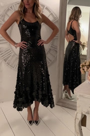 Party Tips Sequin Irregular Round Tassels Hem Back Cutout Tank Maxi Dress