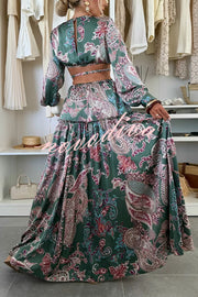 Gabbie Satin Paisley Print Cutout Elastic Waist Long Sleeve Full Hem Maxi Dress