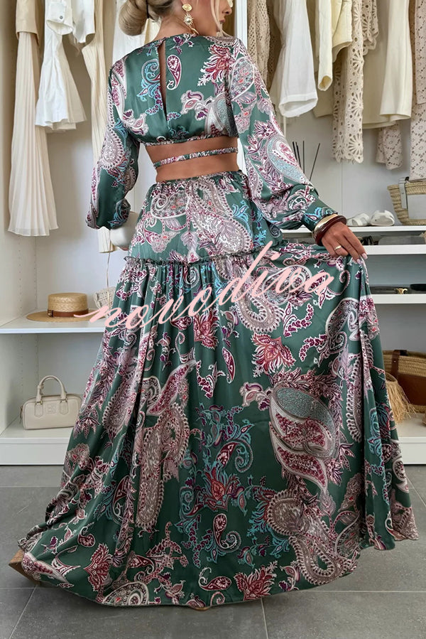 Gabbie Satin Paisley Print Cutout Elastic Waist Long Sleeve Full Hem Maxi Dress