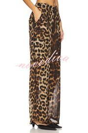 Minka Chiffon Leopard Elastic Waist Pocketed Loose Cargo Pants